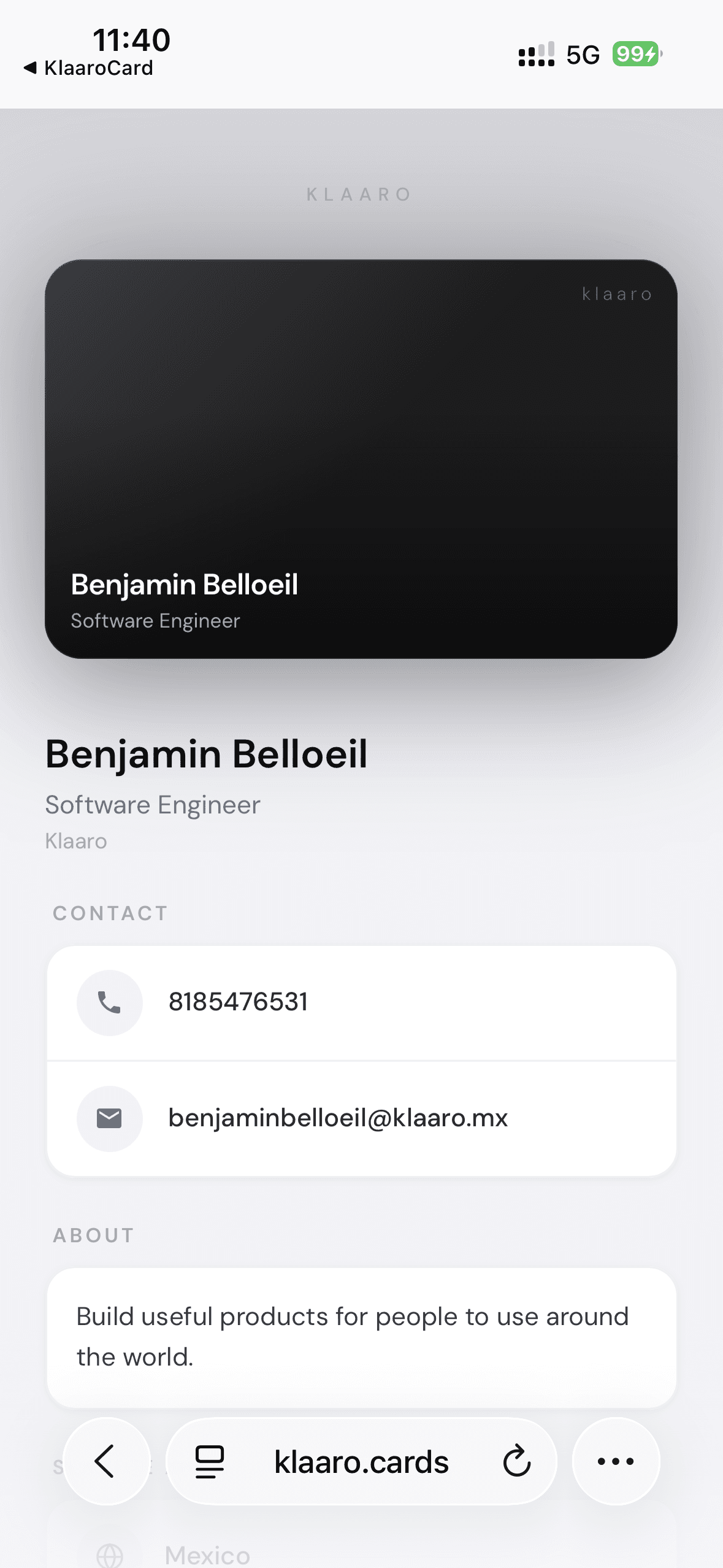 The KlaaroCard public card page shown on an iPhone