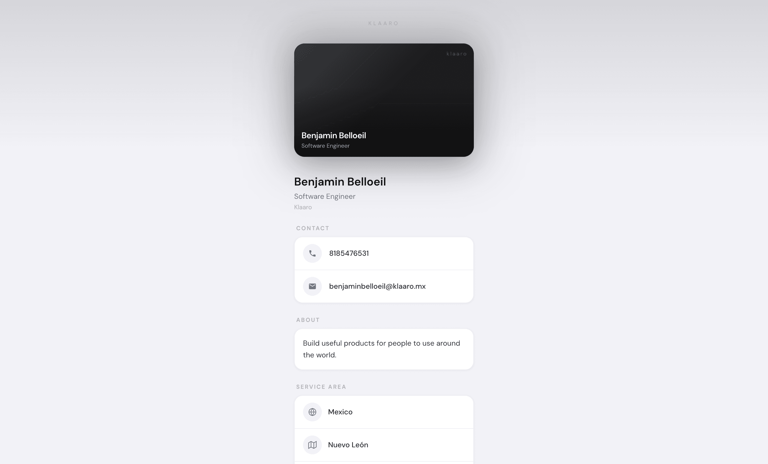 A KlaaroCard public card page open in a web browser