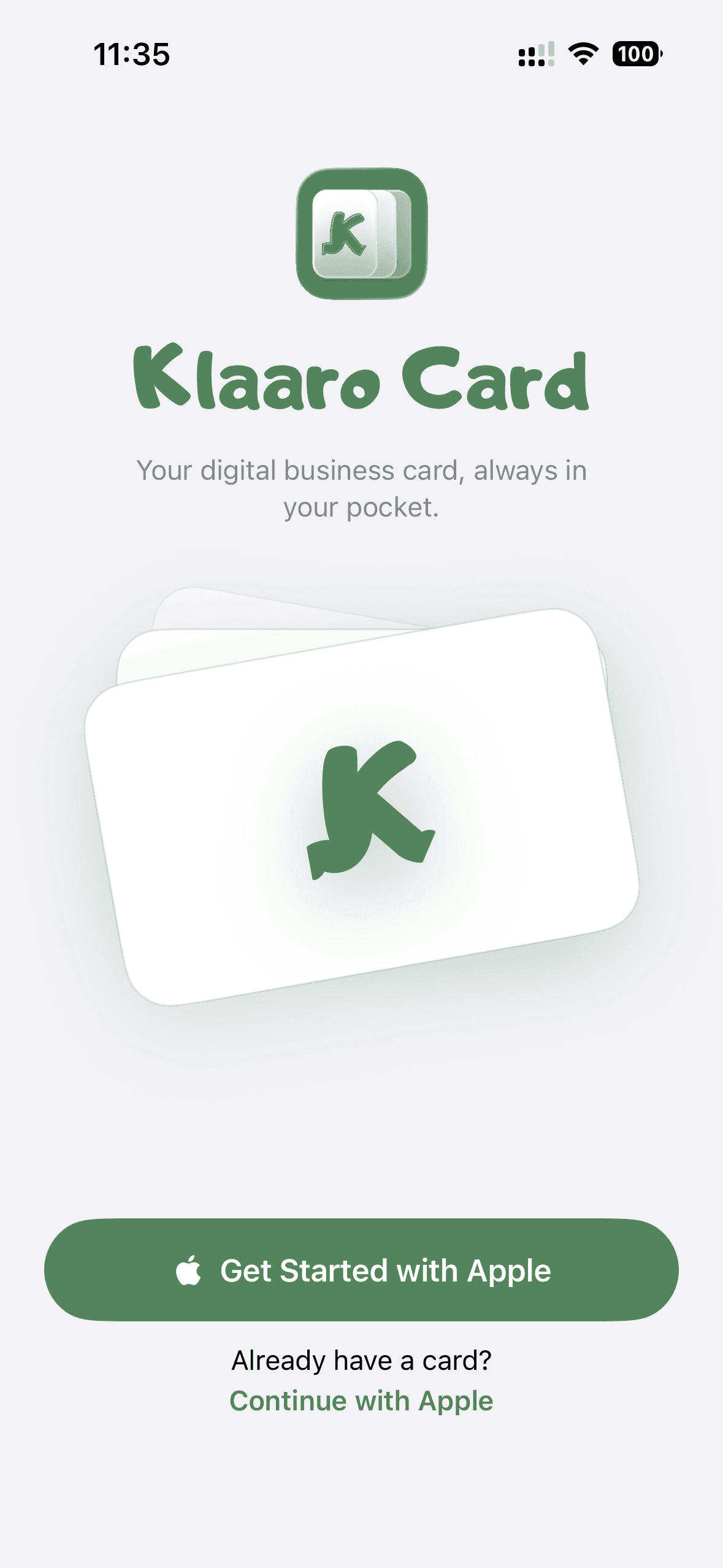 KlaaroCard welcome screen with a Get Started with Apple button